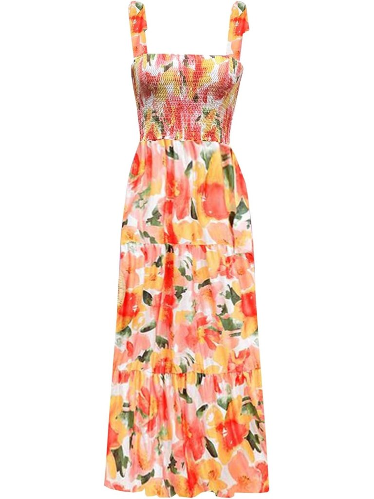 Women's Orange 2 Sleeveless Square Neck Ruffle Casual Imported Maxi Dress